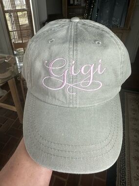 Gigi Embroidered Baseball Cap - Light Khaki with Pink Stitching